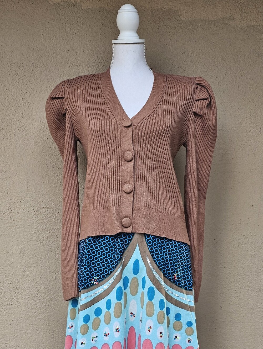Catherine Malandrino Light Brown Puff Shoulders Cardigan & Oversized Buttons S L